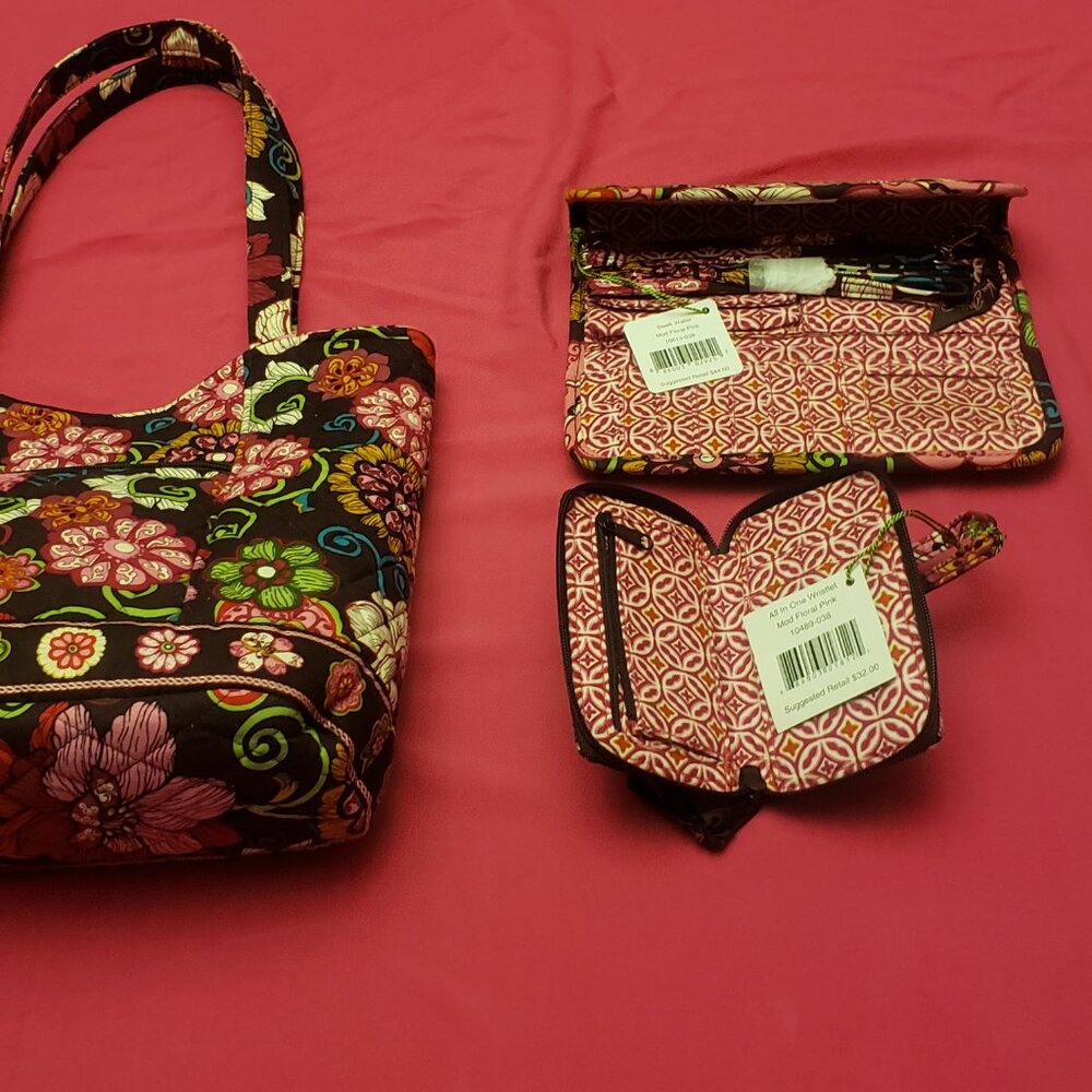 Brand New Vera Bradley Mod Floral Pink Tote w/ Wallet & Wristlet Set - Picture 5 of 11
